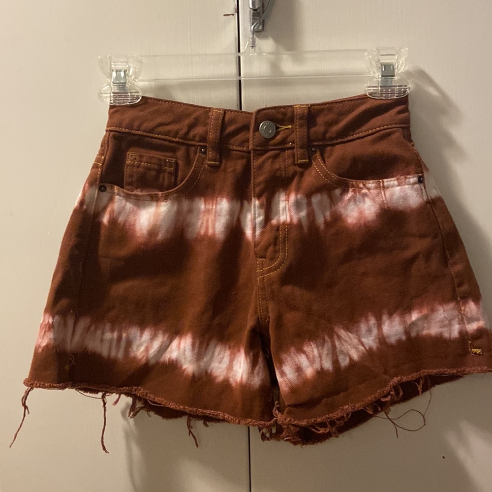 PACSUN High Rise Tie Dye Denim Shorts in Brown.